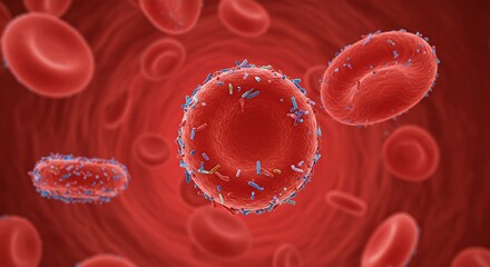 Microplastic in Human Blood. Microbeads and Microplastics pollution concept. Red blood cell with blue plastic particles. For medical, health, laboratory chemistry and environmental research. 