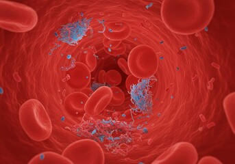 Microplastic in Human Blood. Microbeads and Microplastics pollution concept. Red blood cell with blue plastic particles. For medical, health, laboratory chemistry and environmental research. 
