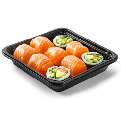 Fresh Salmon Nigiri and Sushi Rolls on a Black Tray