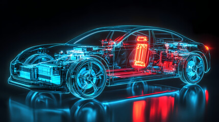 Futuristic Car: A digital rendered illustration revealing the inner workings and future of the automobile technology, showcasing a sleek.