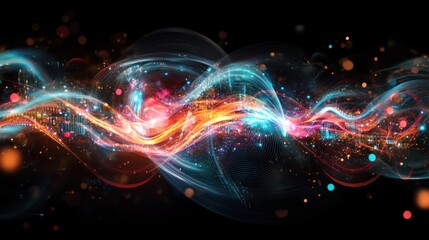 Abstract energy waves, vibrant colors, glowing particles, dark background
