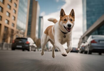 canaan dog running outdoors in urban park, purebred doggy playing outside betwenn modern skyscrapers, breed of hairy friend outdoor on the pavement