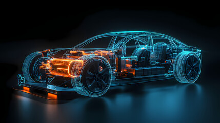 Fototapeta premium Automotive Technology: A futuristic, stylized depiction of a cutting-edge automobile, revealing the intricate internal mechanisms and advanced engineering.