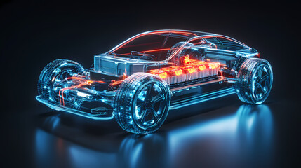 Electric Car Technology: Futuristic depiction of an electric vehicle, showcasing its internal systems and energy source.