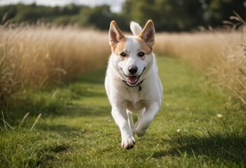 canaan dog running outdoors in the countryside, purebred doggy playing outside in the meadown, breed of hairy friend outdoor