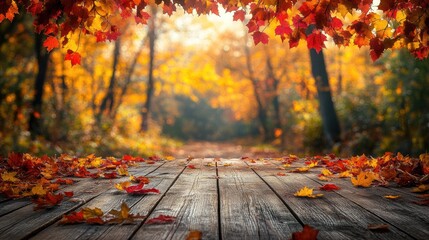 Autumn leaves fall on wooden path; forest background