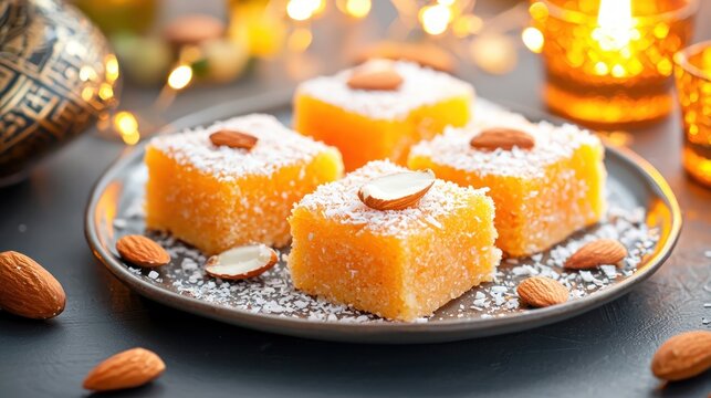 Delectable almond topped sweets on plate captivating culinary scene dessert delight sweet orange confectionery nut elegance