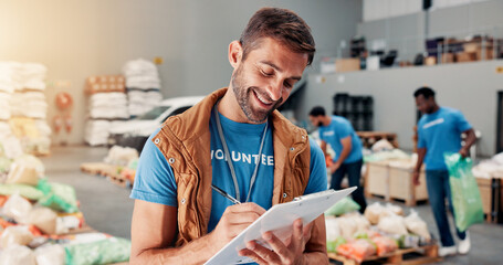 Volunteer, writing and clipboard with man in warehouse for non profit, inventory checklist and...
