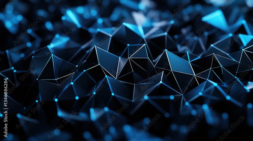 Poster abstract close-up of a dark three-dimensional surface with glowing blue-edged polygons resembling a 