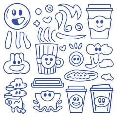 Vector outline design template and graphic elements for advertising, branding, posters and banners, funny cartoon illustrations with smiling characters, coffee cup mascot, print and sticker.