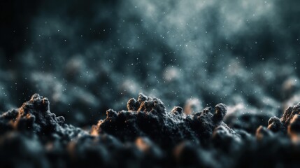 Dark Textured Landscape Featu Ashy Formations and Irregular Terrain Evoking a Volcanic Environment with Fine Dust in a Close-Up View of Nature