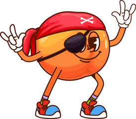 Cartoon groovy orange fruit pirate and corsair character with red bandana, eye patch and stylish retro hippie sneakers, striking playful and funky pose with both hands, exudes swashbuckling y2k vibe