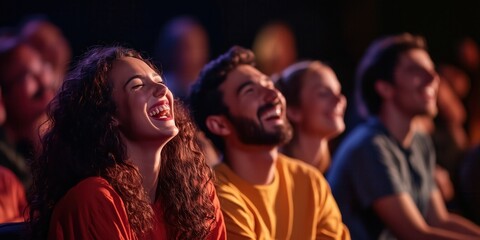Group of people laughing at stand up comedy performance. Men and women with excited expressions on their faces.