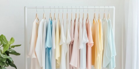 Clothing rack displaying pastel and neutral garments, including dresses, blouses in white, blue, yellow, and pink pastel shades.