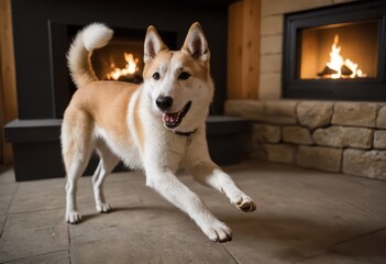 canaan dog running indoors in the cozy and warm living room of a cottage, purebred doggy playing inside at home, , breed of hairy friend indoor