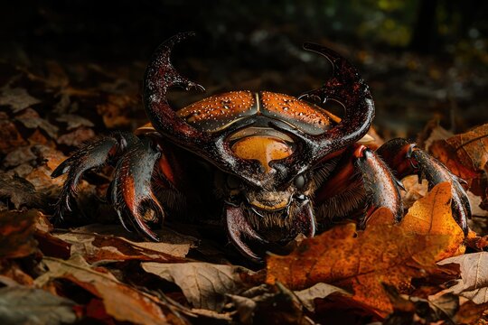 A large, horned beetle with a striking orange and black exoskeleton, perched amongst autumn leaves.