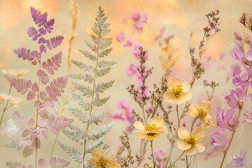 Pastel-colored pressed flowers and ferns create a dreamy, botanical artwork.