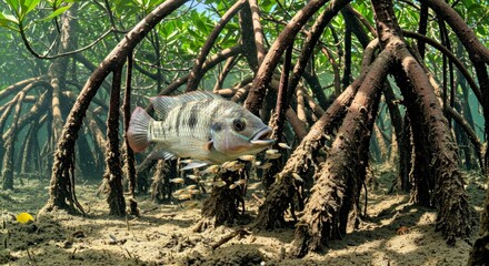 A Mozambique Tilapia Hovers Close to the Tangled Roots of a Mangrove Tree, Its Mouth Slightly Open as It Guards a School of Tiny Fry