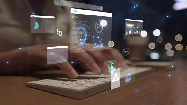 woman analyst uses a computer AI artificial intelligence and dashboard for data business analysis and Data Management System with KPI and metrics connected to the database for technology finance, 