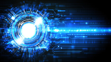 vibrant digital background featuring bright central light surrounded by intricate blue circuitry and lines, conveying sense of technology and innovation