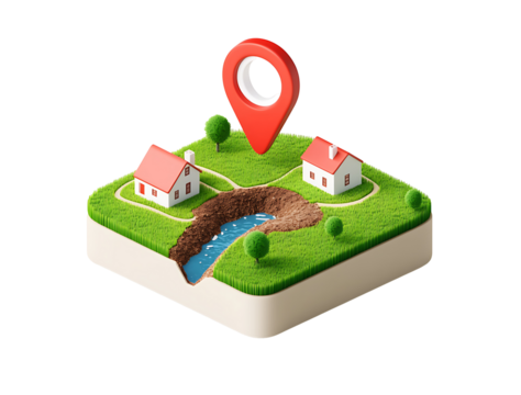 Discovering idyllic countryside homes nestled beside a tranquil stream, marked by a vibrant red location pin, showcasing a charming miniature landscape.