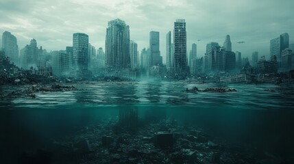 A sunken metropolis with debris floating in the water, city landmarks barely visible beneath the waves 