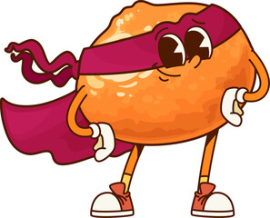 Groovy mandarin superhero fruit character with a red mask, flowing cape, expressive eyes, and a confident pose. Isolated cartoon vector tropical citrus tangerine or an orange defender retro personage
