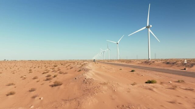 Aerial view, row of wind turbines spinning in the desert against a blue sky