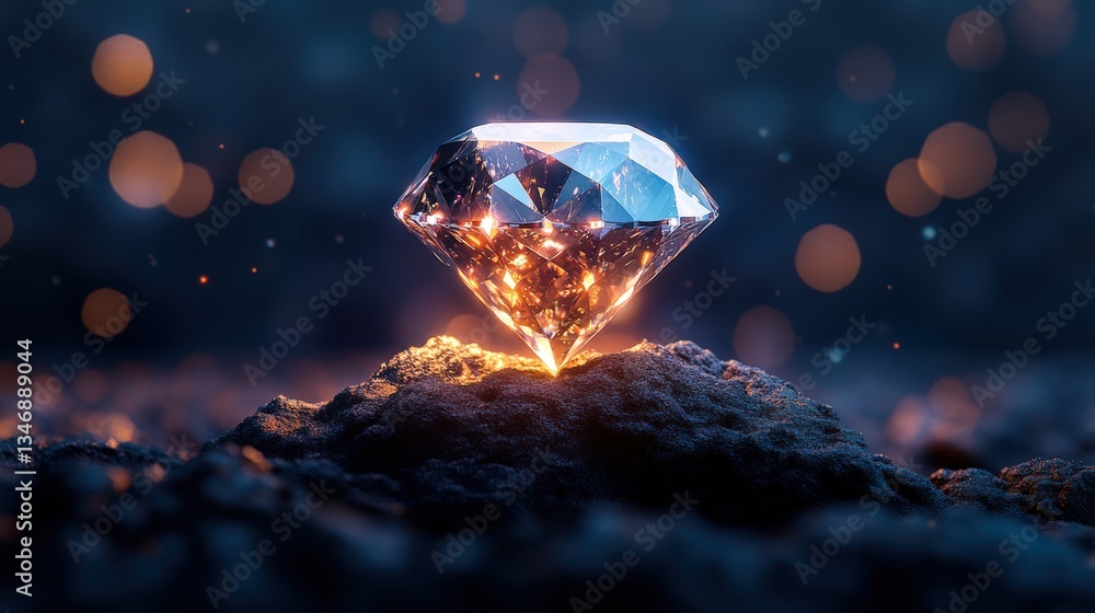 Poster a photorealistic high-resolution ai-generated diamond illuminated from within resting on dark earth 