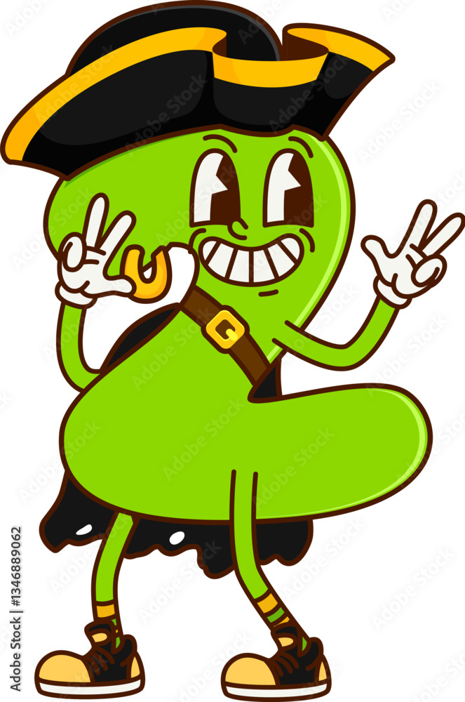 Poster groovy number 2 pirate or corsair character in tricorne hat, cartoon vector. funny groovy math numbe