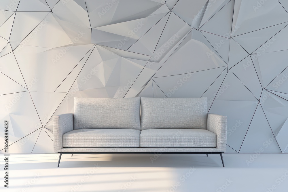 Poster modern themes in a geometric building with a sofa, rendered in 3d.