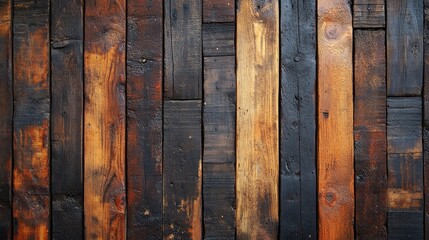 An old wooden wall with vertical planks covered with dark and light stains, creating a weathered and antique effect, a backdrop for loft or country style projects.