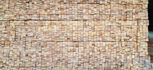  Background of boards. Wood processing stacked, Perspective angle of wooden small log in close-up...