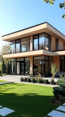 Cozy wooden house with large windows and fireplace, surrounded by a green lawn and garden. Suitable for articles about country life, interior design, family vacations.