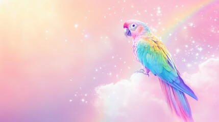 Obraz premium Magical Rainbow Parrot on Pastel Clouds Dreamy Fantasy Bird Illustration