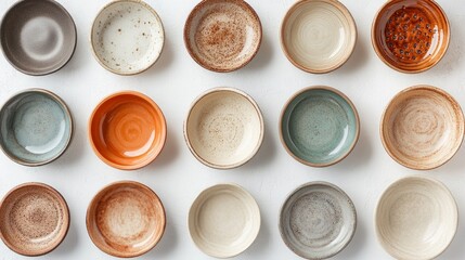 A collection of colorful ceramic plates and bowls arranged in a grid on a white background showcases a variety of textures and hues, creating a vibrant and stylish still life,