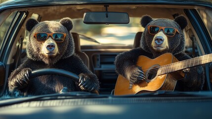 Two bears wearing sunglasses ride in a car; one drives, the other plays guitar, combining whimsy and humor.