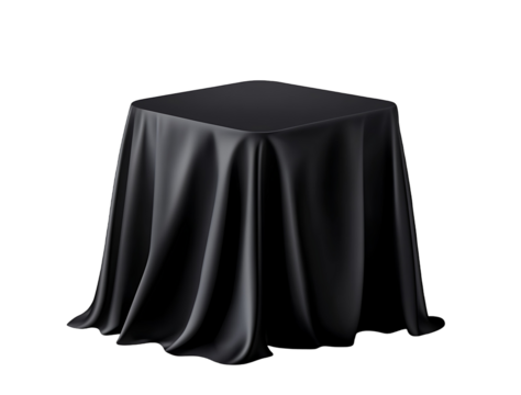 A mysterious, concealed treasure hidden beneath a dark, flowing satin cloth, isolated against a stark white background.