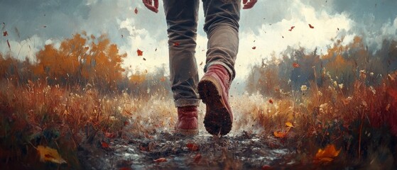 Autumn landscape with a man walking along a path surrounded by bright autumn leaves, creating an atmosphere of tranquility and peace. Suitable for blogs about nature, travel,