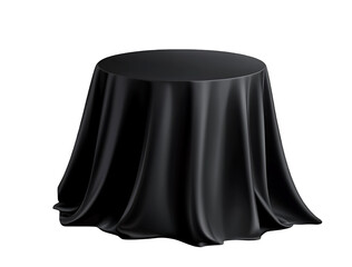 A mysterious, round table draped in elegant black silk, concealing a secret treasure or a grand reveal under soft, even lighting.