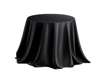 A mysterious, round table draped in elegant black silk, concealing a secret treasure or a grand reveal under soft, even lighting.