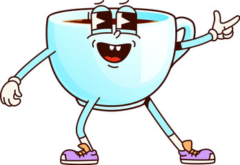 Coffee cup beverage groovy comical character. Cafe hot drink funny mascot, breakfast tea or restaurant beverage blue porcelain cup groovy isolated vector personage happy smiling and pointing finger