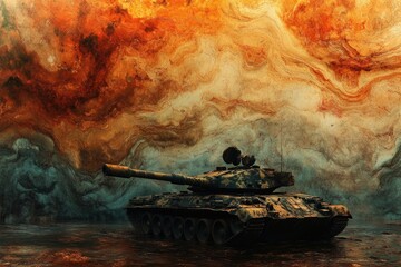 A camouflaged tank stands solitary against a dramatic, swirling, abstract backdrop of orange and teal.