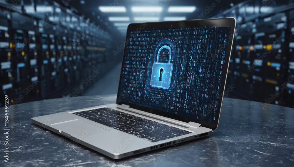 Wall mural digital fortress: a laptop displaying a digital lock sits center stage, flanked by a server room, of