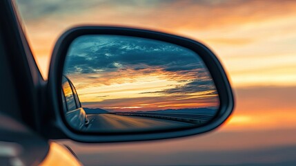 A mesmerizing evening sky filled with sunset hues, seen perfectly in the car's side mirror.