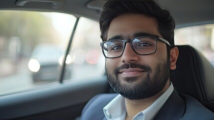 A motivated Indian entrepreneur in a sleek car, driving to work with enthusiasm and confidence.