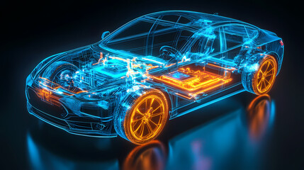 Electric Car Blueprint: An illuminating and futuristic view of an electric vehicle's intricate internal components, visualized through a vibrant blueprint.