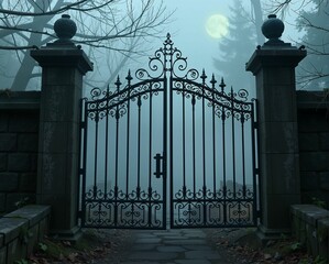 A large, ornate iron gate stands open in a foggy landscape, framed by tall stone pillars and silhouetted against a full moon.