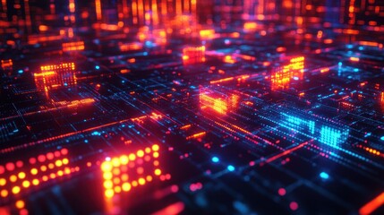Obraz premium Abstract circuit board network; glowing neon city lights