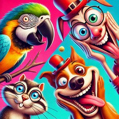 A comical animal in a silly pose, such as a parrot with a tiny hat, a squirrel making a goofy face, or a dog with a big toothy grin